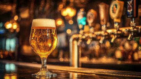 A refreshing glass of golden beer sits elegantly on a bar counter, showcasing its frothy foam and bubbles. Ideal for nightlife or pub themes.の素材