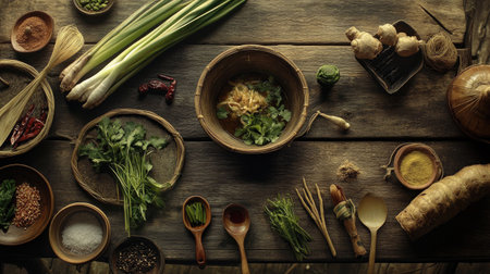 A rustic table showcases an array of fresh ingredients, including herbs and spices, ideal for culinary preparation. Captured in natural light, the vibrant colors enhance the cooking atmosphere.の素材