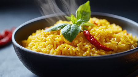 A vibrant bowl of aromatic yellow rice garnished with fresh basil and chili, showcasing a delicious and comforting dish perfect for any meal.の素材