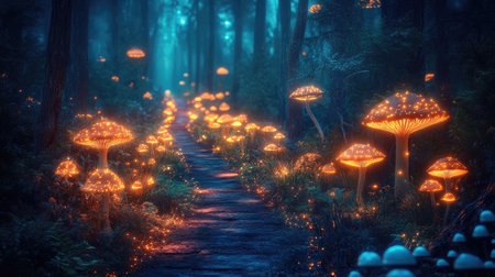 A breathtaking view of a serene forest path illuminated by glowing mushrooms, creating a magical atmosphere. Ideal for fantasy and nature themes.の素材