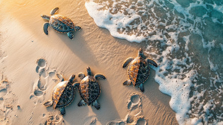 Four sea turtles making their way across a sandy beach, with gentle waves lapping at the shore. A serene scene depicting wildlife in a natural habitat.の素材