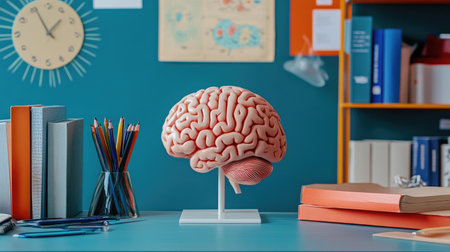 A brain model sits prominently in a colorful study space, surrounded by educational materials. This setup emphasizes learning and creativity in a modern workspace.の素材