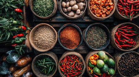A vibrant display of fresh vegetables and spices in woven baskets, highlighting the rich colors and textures of organic produce at a local market.の素材