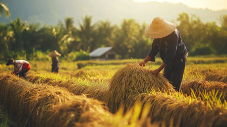 Farmers gather rice in golden fields during sunset, showcasing the beauty of traditional agriculture in a serene rural landscape.の素材