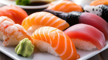 A vibrant plate of assorted sushi featuring fresh fish, rice, and wasabi. Perfect for a culinary experience or a delightful dining occasion.の素材