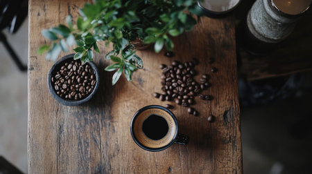 A top view of a rustic wooden table featuring a cup of rich coffee, scattered beans, and a small green plant, perfect for cozy morning vibes.の素材