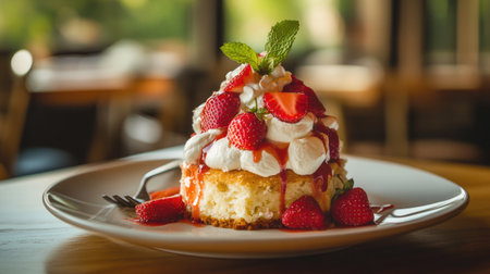 A tempting strawberry shortcake topped with whipped cream and fresh strawberries. Perfect for dessert lovers, this sweet treat is ideal for any occasion.の素材