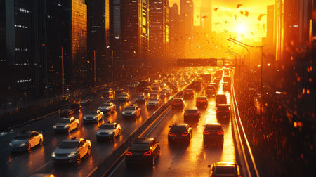A stunning view of a busy city highway during sunset. The warm golden hues illuminate the traffic and skyscrapers, creating a vibrant urban landscape filled with movement and energy.の素材
