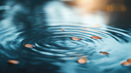 This stunning image captures the serene beauty of water ripples with floating leaves. The warm sunset light creates a tranquil atmosphere, perfect for relaxation.の素材