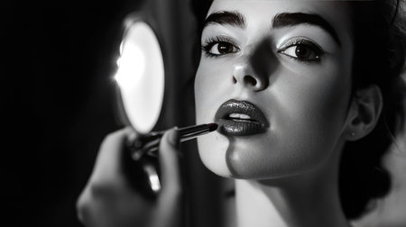 A stunning monochrome portrait of a woman applying lipstick, showcasing beauty and elegance. The interplay of light and shadow enhances the artistry of makeup.の素材