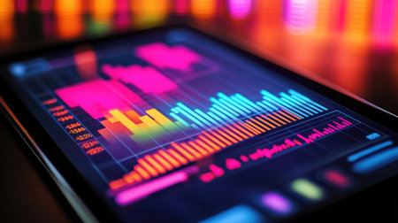 A vivid display of data visualization on a digital screen, showcasing colorful graphs and charts, perfect for technology and business themes.の素材