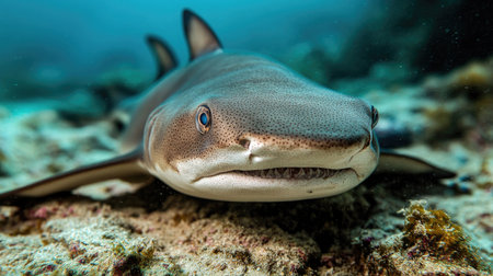 A captivating close-up shot of a shark swimming gracefully over a coral reef. This image showcases the beauty of marine life in a vibrant underwater environment.の素材
