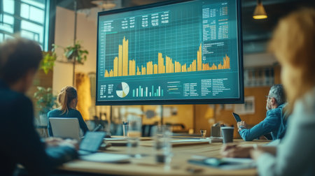 A team of professionals engages in a business meeting, analyzing data visualizations on a large screen, fostering collaboration in a modern office environment.の素材
