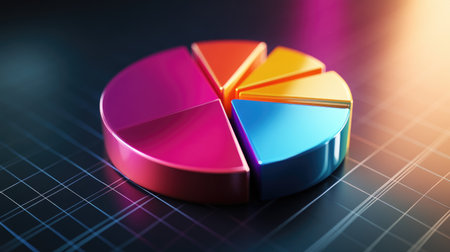 A vibrant 3D pie chart showcasing data segments on a digital background, ideal for business presentations and infographics to illustrate analysis and trends.の素材