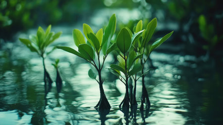 Explore the beauty of lush green mangroves thriving in calm waters, reflecting a vibrant ecosystem. A serene scene showcasing nature's tranquility.の素材
