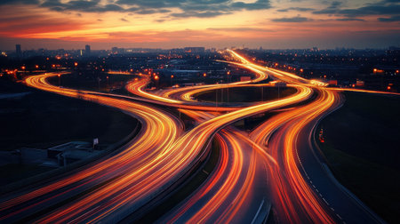 A breathtaking sunset view of busy urban traffic, showcasing the dynamic movement of vehicles along illuminated highways and roads, emphasizing modern infrastructure.の素材