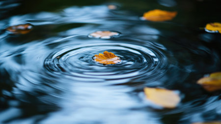 This serene image captures autumn leaves floating on calm water, creating gentle ripples. Perfect for nature, tranquility, and seasonal themes.の素材
