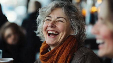 A joyful woman laughs heartily in a cozy cafe, showcasing warmth and happiness. Her expressive smile and casual attire create a friendly and inviting atmosphere.の素材