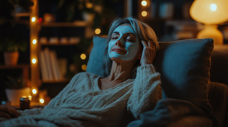 A serene woman enjoys a relaxing evening at home with a facial mask, surrounded by soft lights. A moment of self-care and peacefulness.の素材