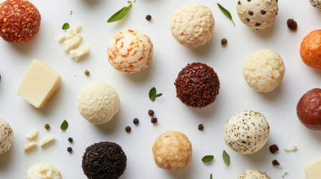 A delightful assortment of gourmet cheese balls displayed on a white background. Perfect for appetizers, parties, or gourmet food photography.の素材