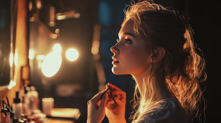 Captivating profile of a young woman applying makeup in soft light, showcasing beauty and elegance in a serene indoor setting, perfect for fashion themes.の素材
