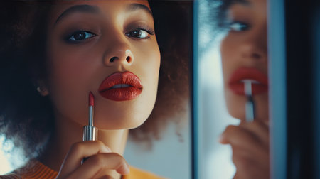 A confident woman applies bold red lipstick while admiring her reflection in the mirror. The warm lighting enhances her beauty and elegance.の素材