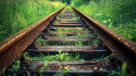 A captivating view of rusty railway tracks overgrown with grass and weeds, creating a serene atmosphere in a lush natural setting. Perfect for themes of travel and exploration.の素材
