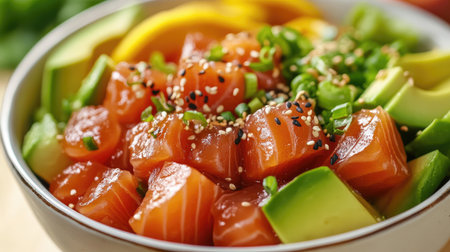 A vibrant bowl of fresh salmon salad featuring diced salmon, avocado, and colorful vegetables, garnished with sesame and spring onions for a nutritious meal.の素材