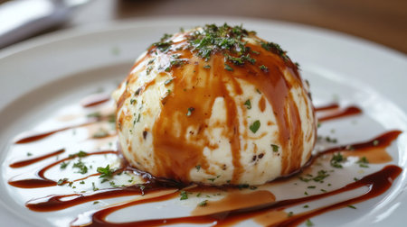 A delectable dessert featuring a creamy base topped with rich caramel and fresh herbs, beautifully presented on a white plate. Perfect for food lovers.の素材