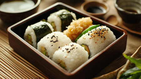 A beautiful sushi platter featuring a variety of fresh rolls, seaweed, and rice. Perfect for a delightful dining experience or a special occasion.の素材