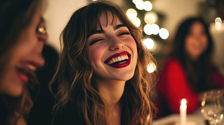 A joyful woman smiles brightly as she enjoys a festive gathering with friends. The warm candlelight and cheerful atmosphere create a cozy, celebratory mood.の素材