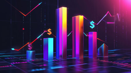 Dynamic and colorful financial graphs represent growth and success in business. This digital visualization highlights key trends and data analysis.の素材