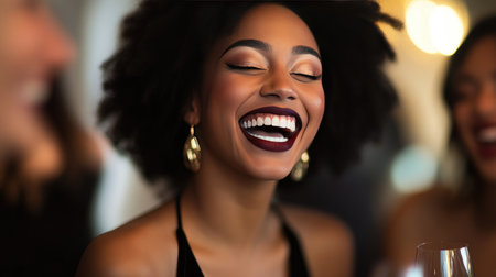 A joyful woman with a radiant smile enjoys a special moment at a social gathering, capturing the essence of happiness and connection in an elegant setting.の素材