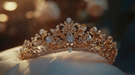 A stunning gold tiara adorned with sparkling diamonds and floral designs, perfect for formal events, weddings, or photoshoots. An exquisite accessory that symbolizes elegance.の素材