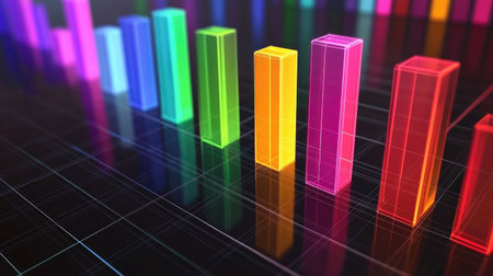 This image showcases a vibrant 3D bar graph against a dark background, illustrating data analysis and business trends in an eye-catching design. Ideal for marketing and presentation materials.の素材