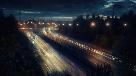 A dynamic shot of a busy highway at night, showcasing moving vehicles and illuminated streetlights. The scene captures the essence of urban life and transportation.の素材