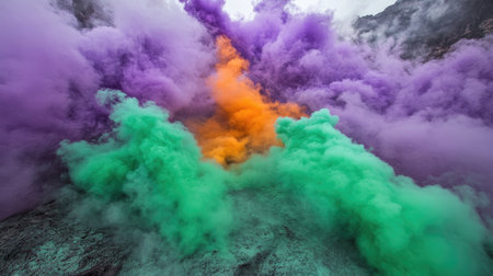 This vivid image showcases vibrant smoke clouds in shades of purple, orange, and green, creating a dramatic and surreal landscape effect. Ideal for artistic projects.の素材