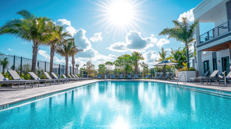 A vibrant pool scene showcasing clear blue water, surrounded by palm trees and lounge chairs, perfect for relaxation and leisure in a sunny atmosphere.の素材