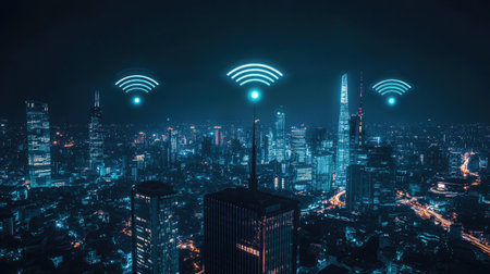 A stunning urban nightscape showcasing a modern city skyline with Wi-Fi signal icons symbolizing connectivity, technology, and digital innovation.の素材