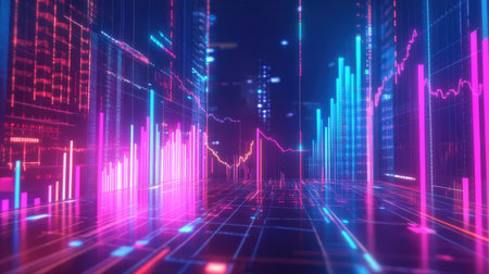 Explore a vibrant digital data visualization featuring colorful graphs in a futuristic space. Ideal for projects focused on analytics, finance, and technology.の素材