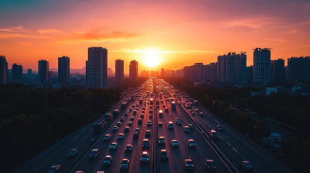 A stunning sunset view over a bustling urban highway filled with cars, showcasing vibrant colors, modern architecture, and evening atmosphere.の素材