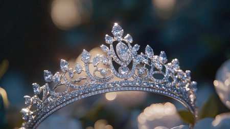 A stunning close-up of an elegant tiara adorned with sparkling gems, set against a soft floral background, exuding luxury and beauty perfect for bridal themes.の素材