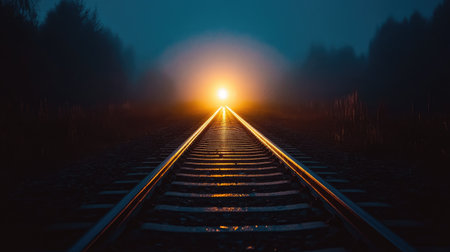 Experience the allure of train tracks disappearing into the mist, highlighted by a bright light ahead. A perfect image for travel and adventure themes.の素材