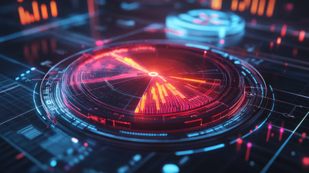 This image showcases a modern digital interface featuring a radar design in red and blue hues. Perfect for technology and innovation themes.の素材