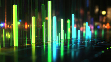 Explore this vibrant data visualization featuring neon color bars that create a modern and dynamic atmosphere, perfect for technology and analysis themes.の素材