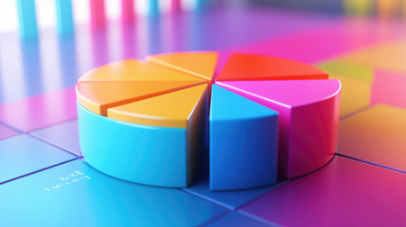 A vibrant, colorful pie chart on a modern background represents data analysis and statistics, perfect for presentations and business reports.の素材
