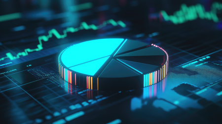 A vibrant data visualization scene featuring a pie chart surrounded by dynamic graphs, ideal for representations of analysis, finance, or business insights.の素材