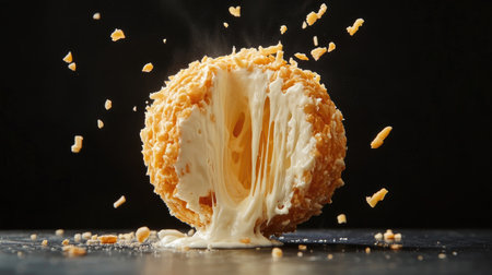 A captivating close-up of melted cheese bursting from a crispy outer layer, showcasing the indulgent and inviting nature of this delicious snack. Perfect for food photography or culinary inspiration.の素材
