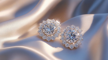 Stunning diamond earrings featuring intricate design and brilliant sparkle, set against a luxurious silk background, perfect for jewelry enthusiasts and fashion lovers.の素材