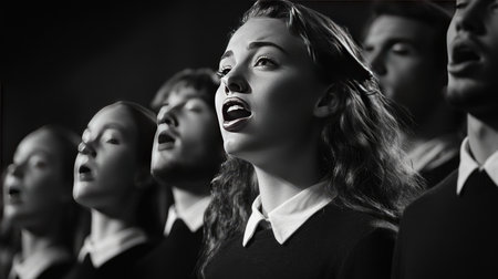 Captivating black and white image of a youth choir performing with emotion. Their expressions and harmony convey the beauty of collective music.の素材